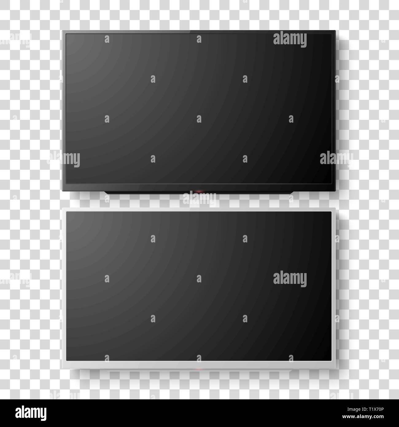 Vector 3d Realistic White and Black Blank TV Screen. Modern LCD LED Panel Set Closeup Isolated on Transparent Background. Design Template of Large Stock Vector