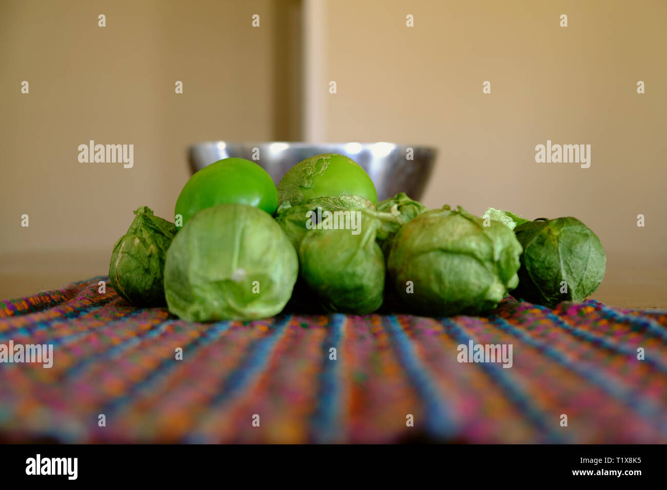 A pile of green tomatillos (Physalis philadelphica) on a colorfully patterned fabric; tomatillos with husks; peeled tomatillos. Stock Photo