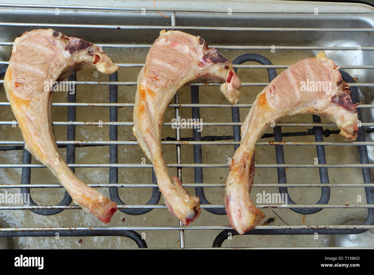 Lamb chops on the rack of an electric barbecue Stock Photo