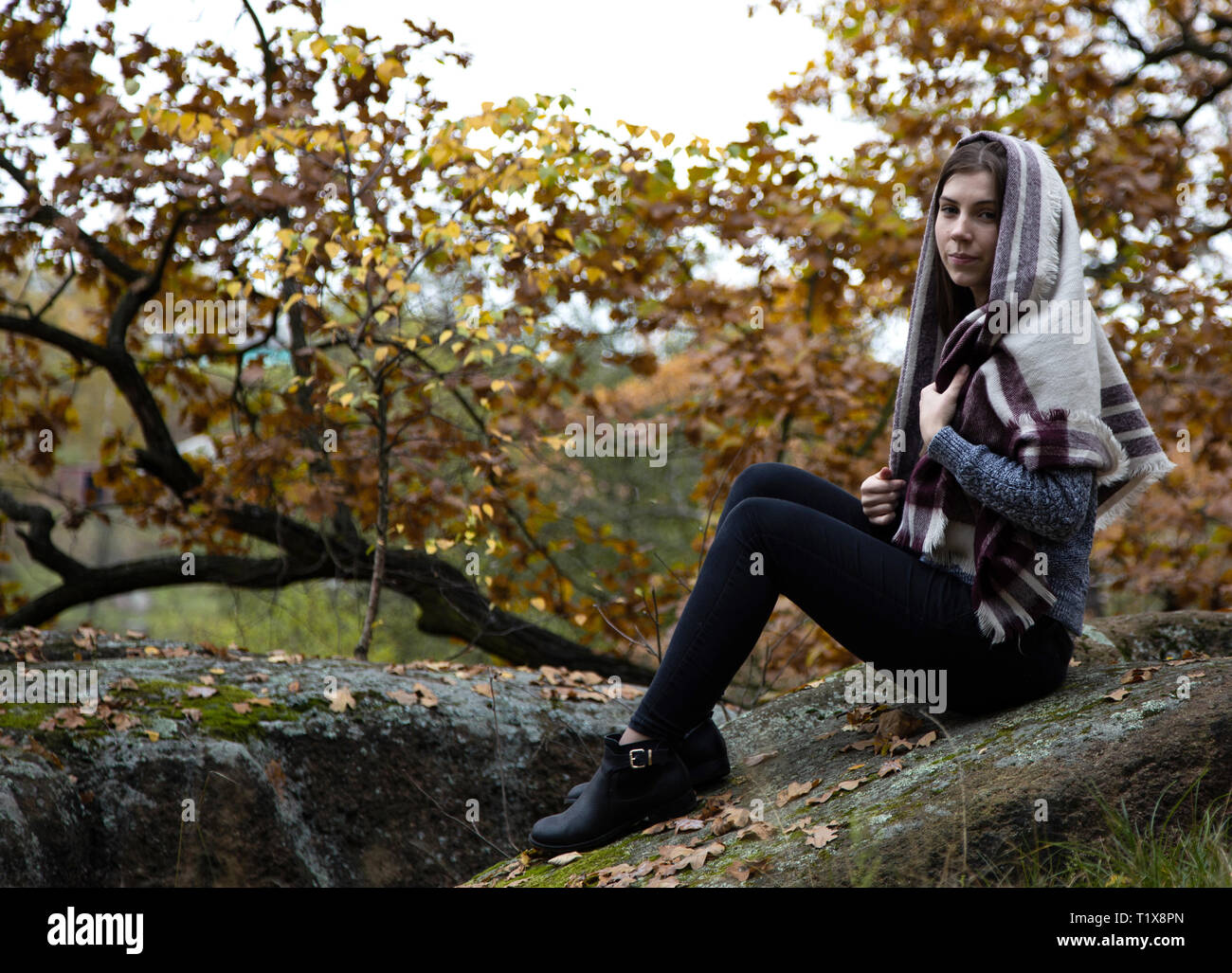 A cute, beautiful, modest religion girl with a scarf or scarf on her head is sitting in the autumn in a park on a stone. Moss and yellow leaves around Stock Photo
