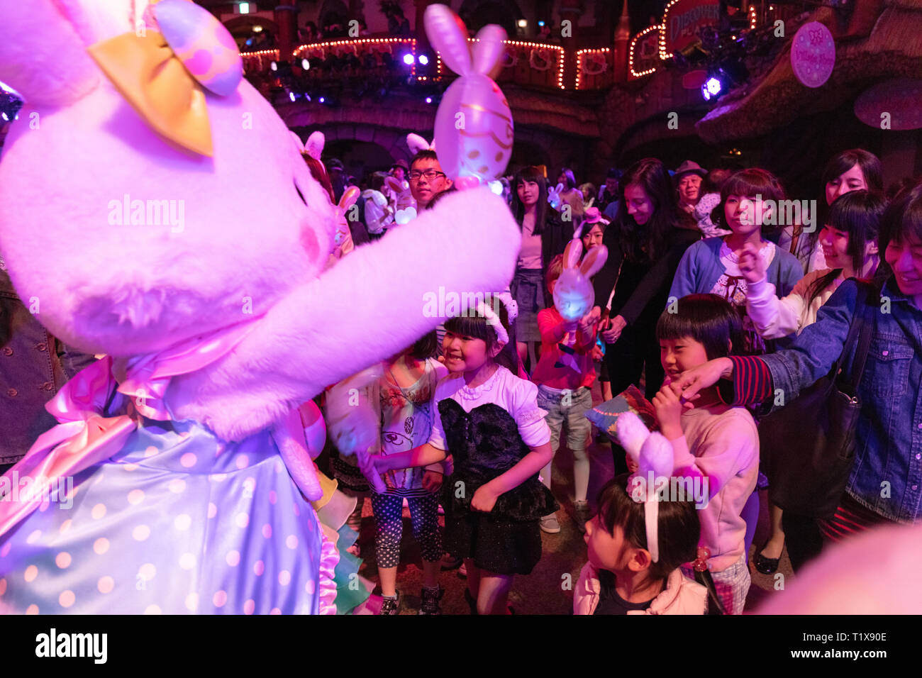 Tokyo, Japan - April 2017: Kids enjoying the shows at Sanrio Puraland Stock Photo