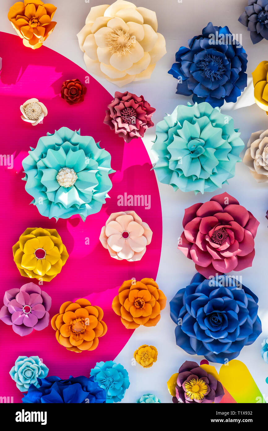 Colorful 3D wall flowers at Paseo Queretaro, a modern 'malltertainment' shopping mall and entertainment district located in Queretaro, Mexico Stock Photo