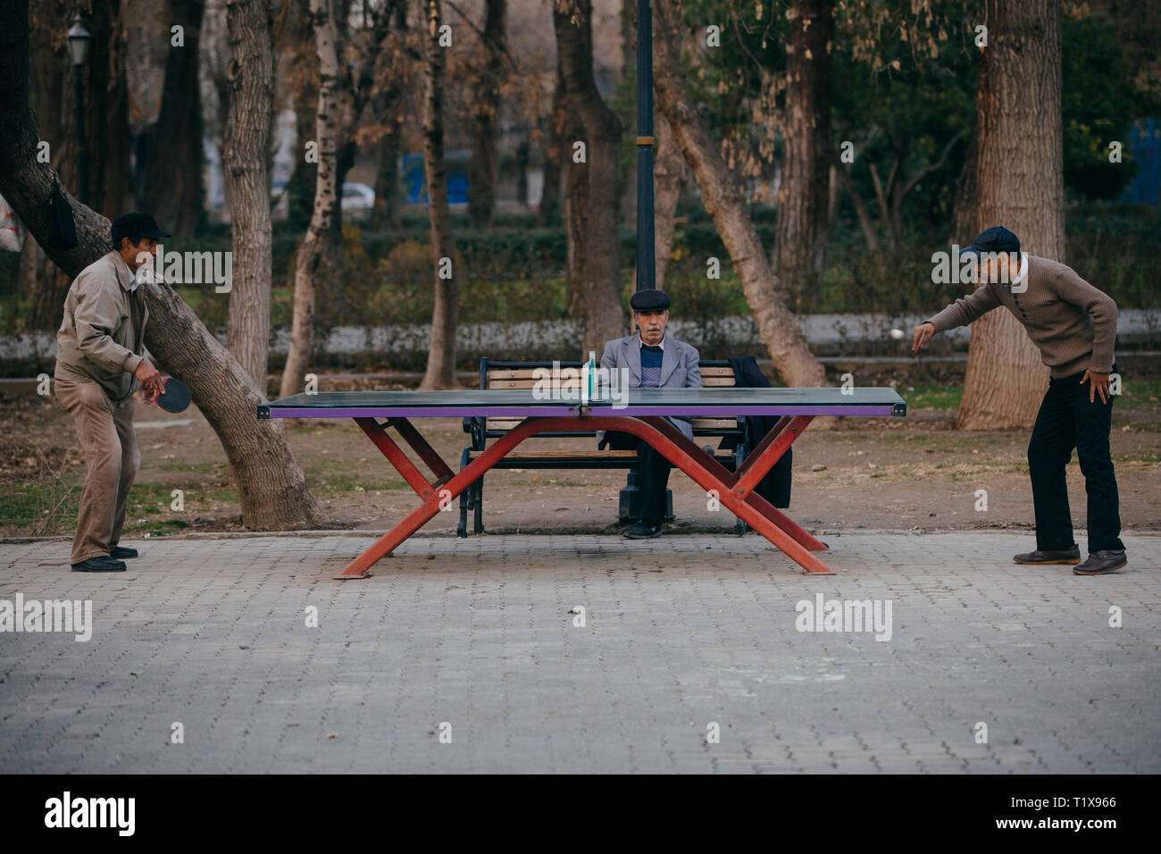 Men playing table tennis in Tehran city park Stock Photo