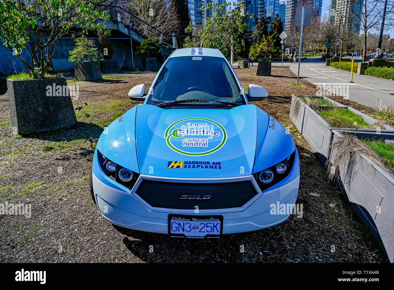 Solo Electric Car, belonging to Harbour Air Seaplanes, Vancouver, British Columbia, Canada Stock Photo