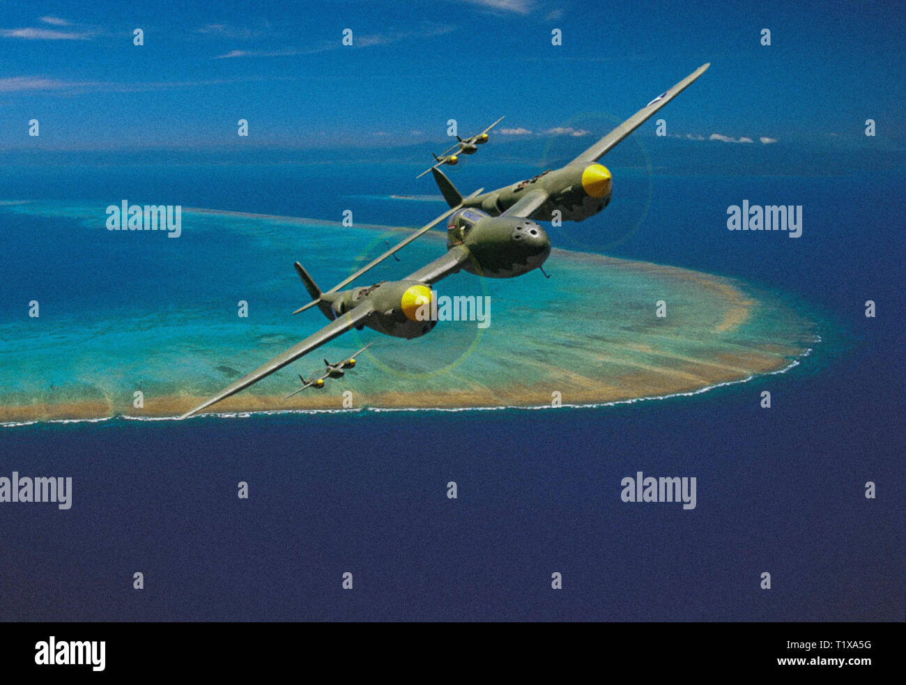 A digital air-to-air scenario of three twin engine P38 Lockheed Lightning fighters over a Pacific atoll during WWII. Plastic model and Photoshop comp. Stock Photo