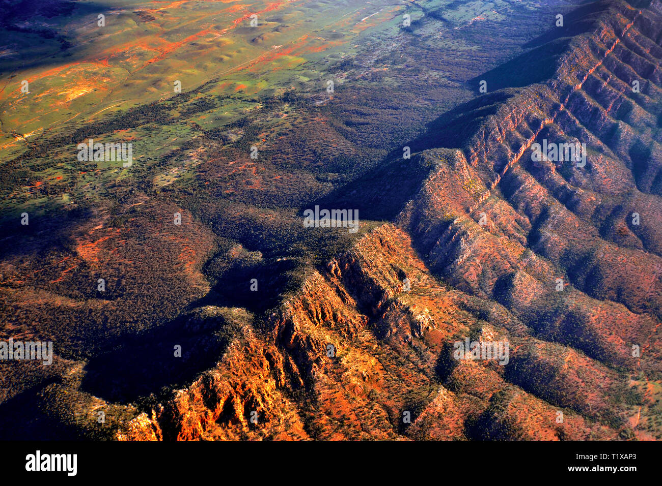 Aerial view of the remains of weathered hills, in the Flinders Ranges ...
