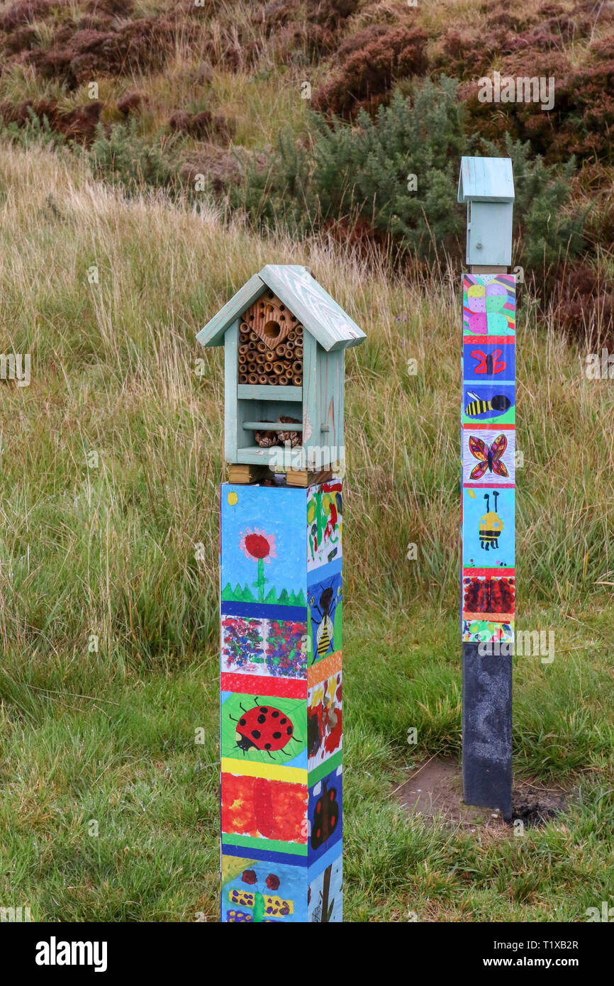 Two brightly coloured bug boxes or insect hotels for conservation purposes in Ireland. Stock Photo