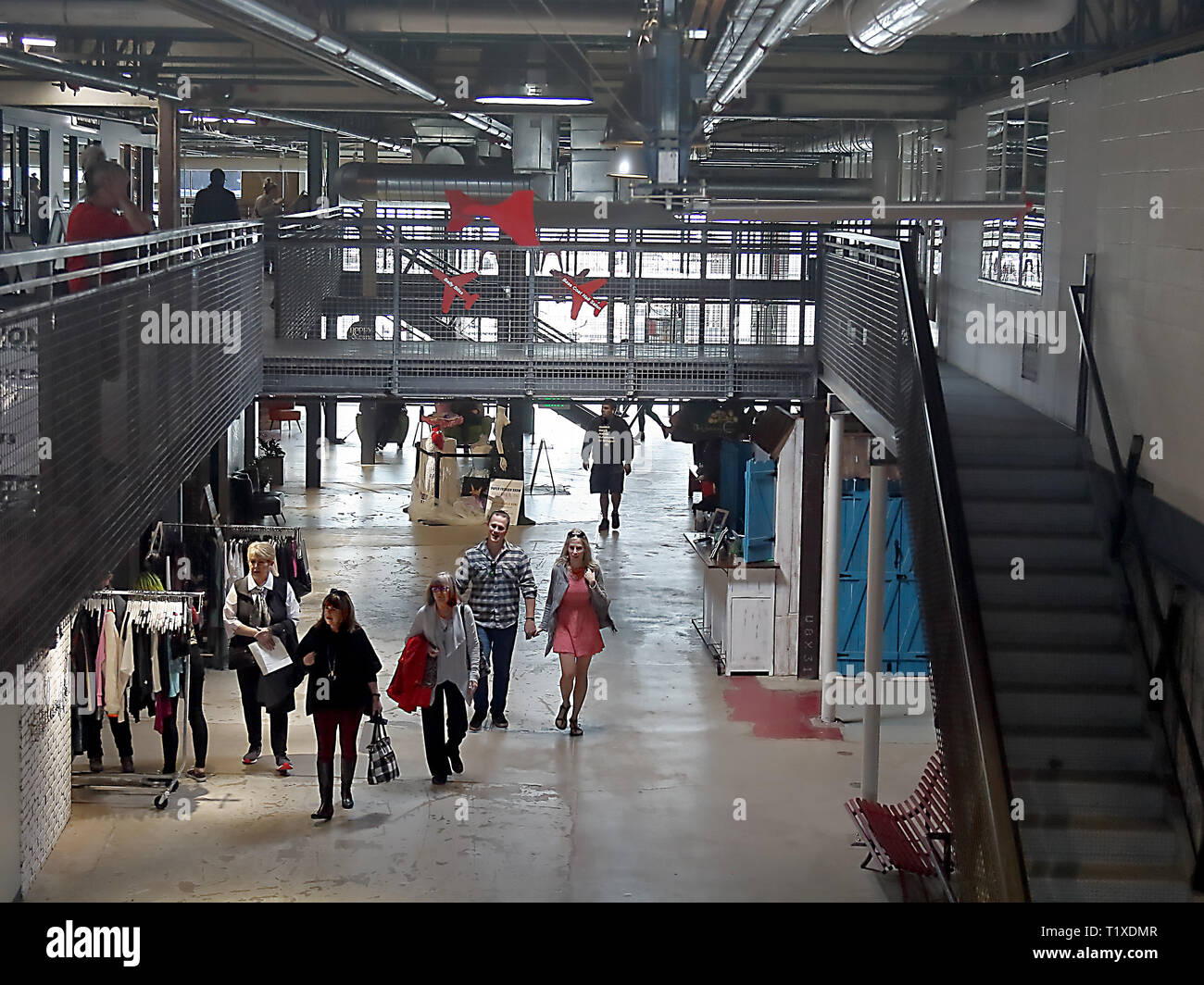Aurora, Colorado - March 23, 2019: Stanley Marketplace, airy warehouse hangout housing multiple food vendors, along with other retailers and business Stock Photo