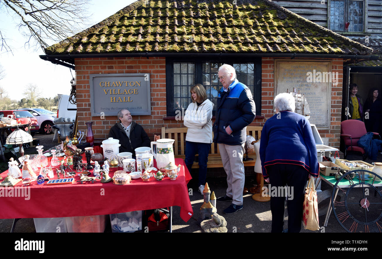 General view outside Village Hall of an Antique, Vintage and Craft Fair, Chawton, near Alton, Hampshire, UK. Sunday 24 February 2019. Stock Photo