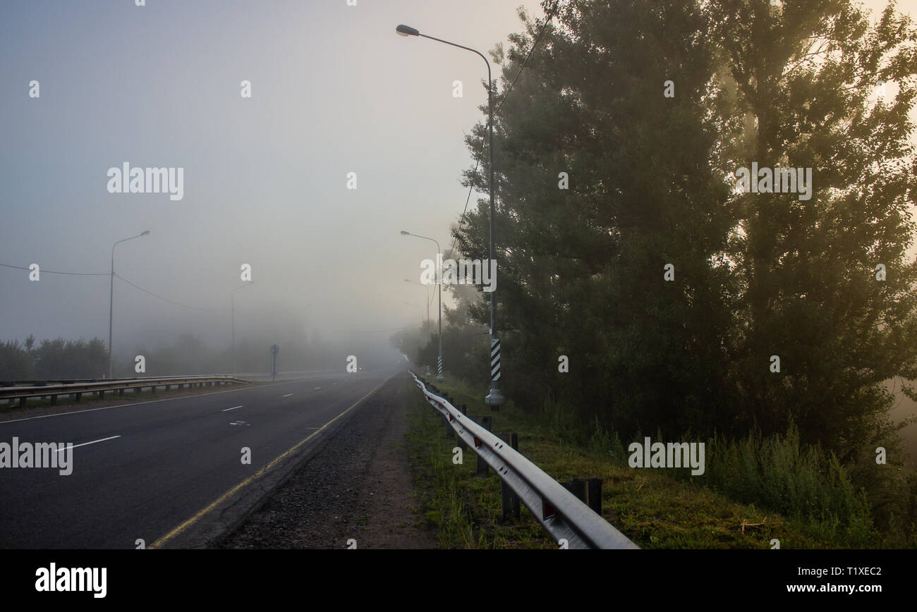Morning fog on the road. Travel by car. Road views. Fog in the morning ...