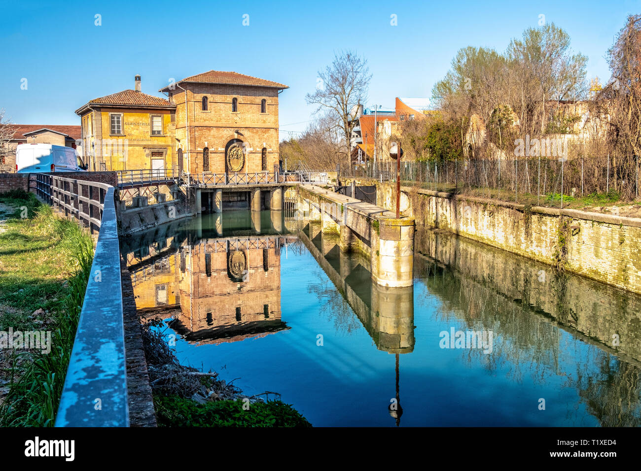 Bologna Battiferro Navile canal river lock - an historic landmark of the italian city . Stock Photo
