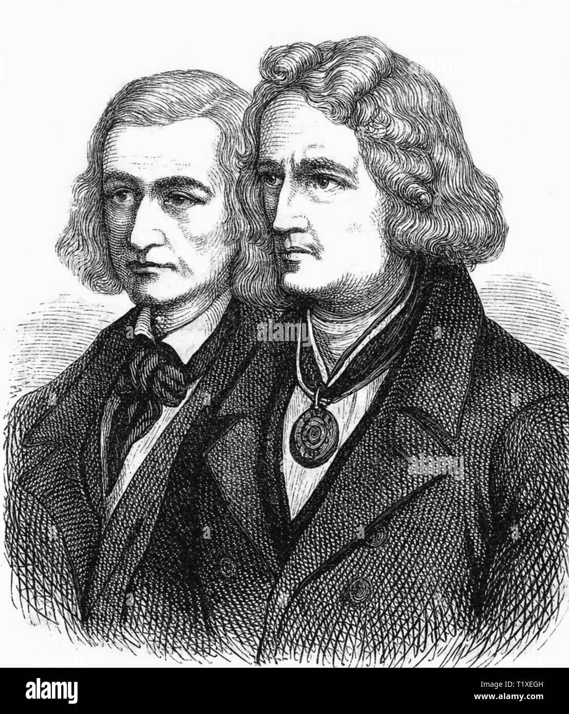 BROTHERS GRIMM German academic folklore collectors. Wilhelm Grimm at left and Jacob about 1815 Stock Photo