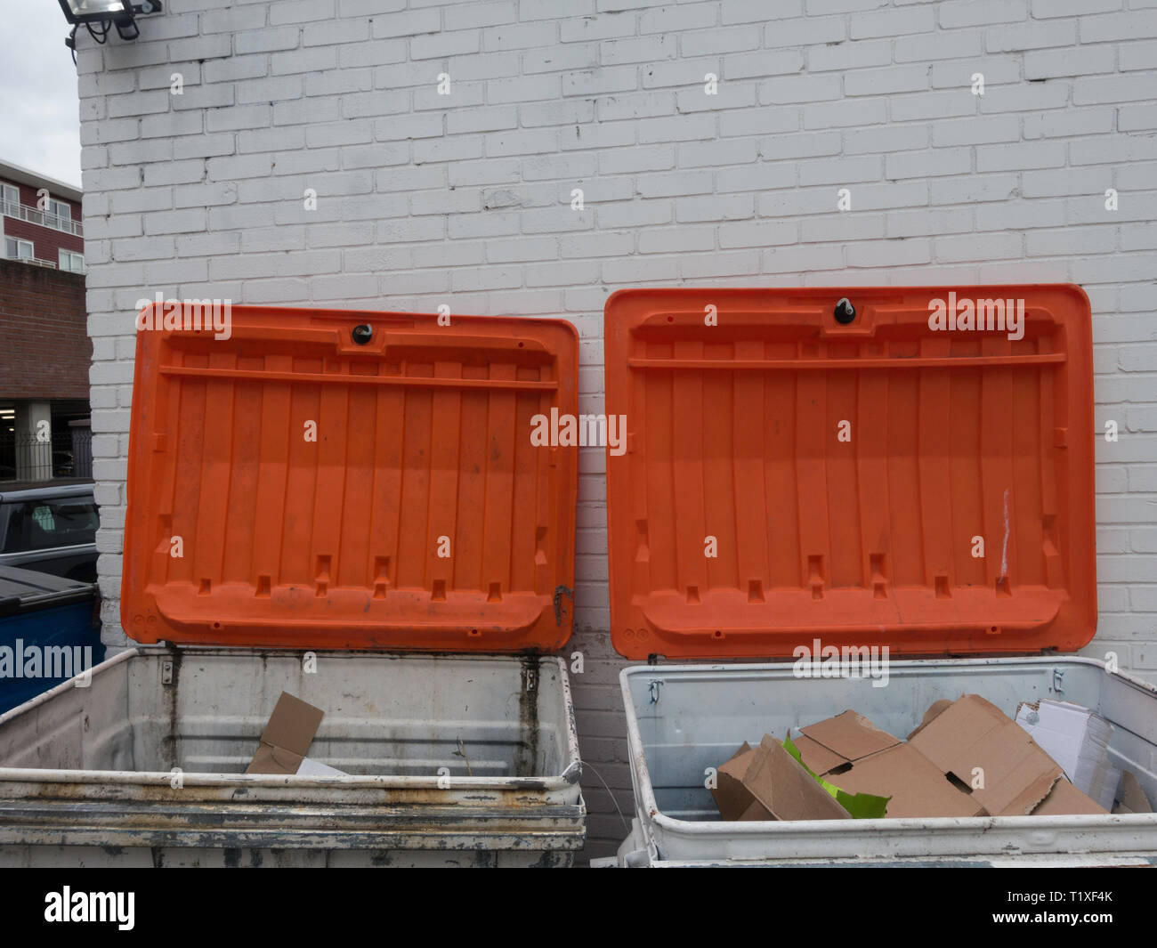 Two movable garbage bins Stock Photo