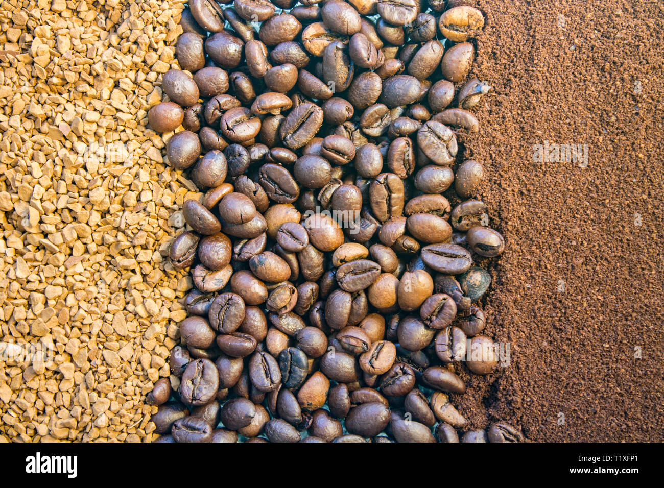 background of three kinds of coffee, ground, beans and instant Stock