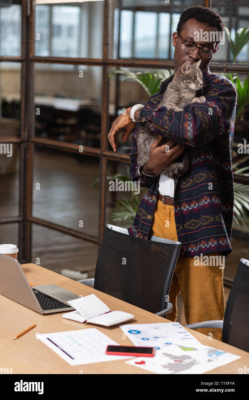 Man playing with a cat at work Stock Photo