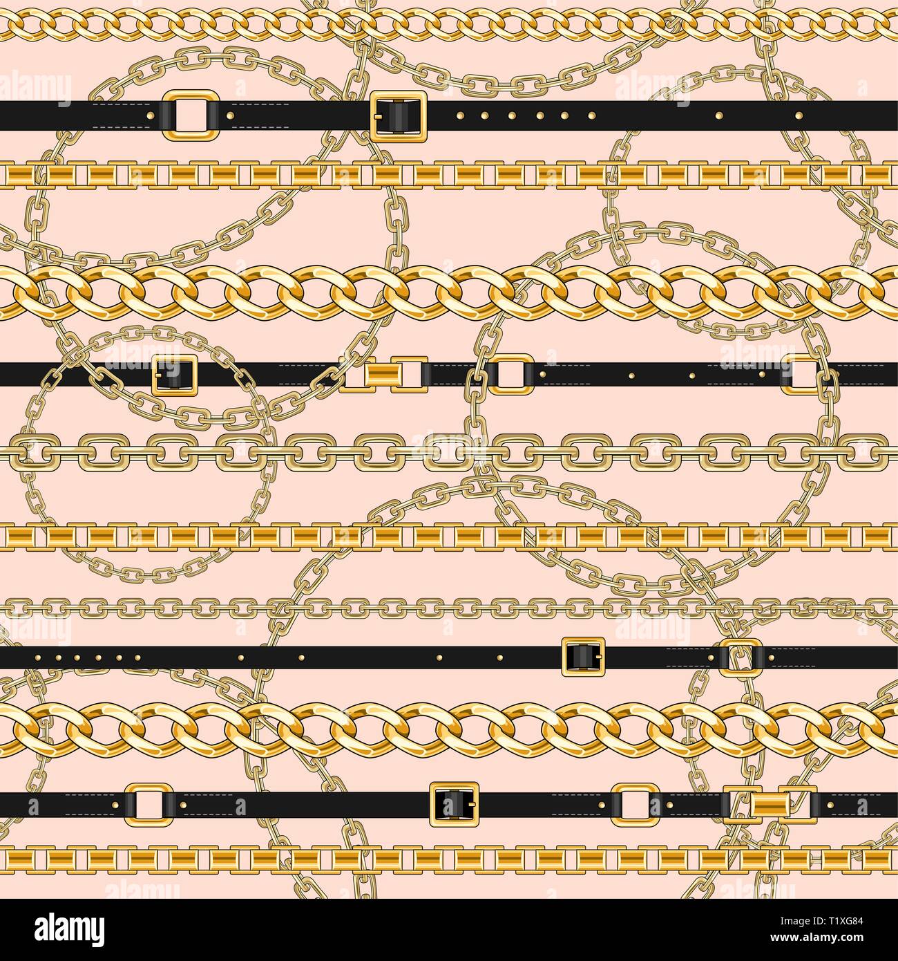 Seamless pattern with gold chains and belts on pink background for fabric. Trendy repeating print. Stock Vector