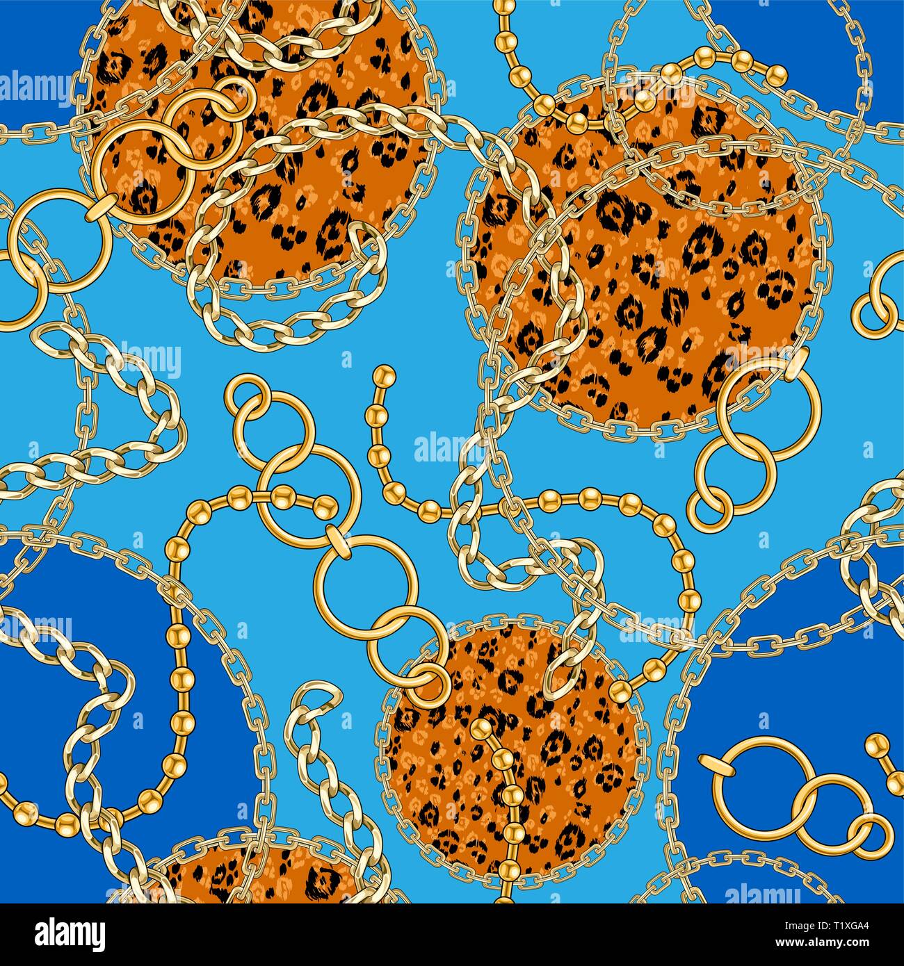 Blue seamless pattern with gold chain for fabric. Trendy repeating fashion print. Stock Vector