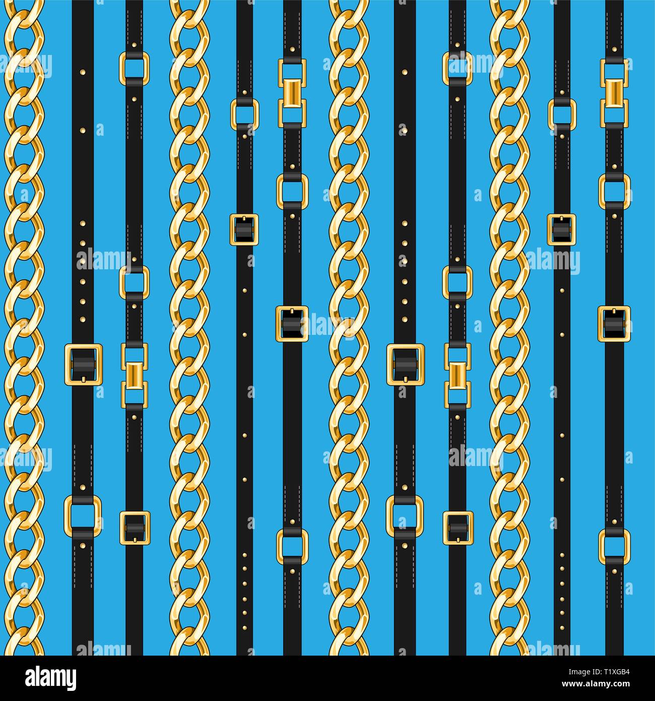 Abctract blue seamless pattern with belts and chain for fabric. Trendy repeating print. Stock Vector