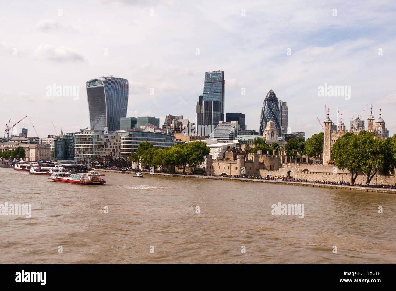A view of the London skyline looking over the Thames from the South Bank featuring,the Gherkin,Walkie Talkie and Cheesegrater Stock Photo