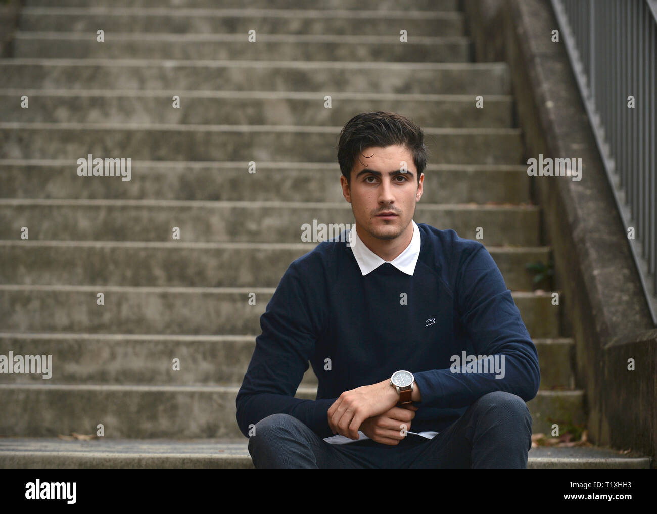 Man Sitting on Stairs, Pyrmont Sydney Stock Photo