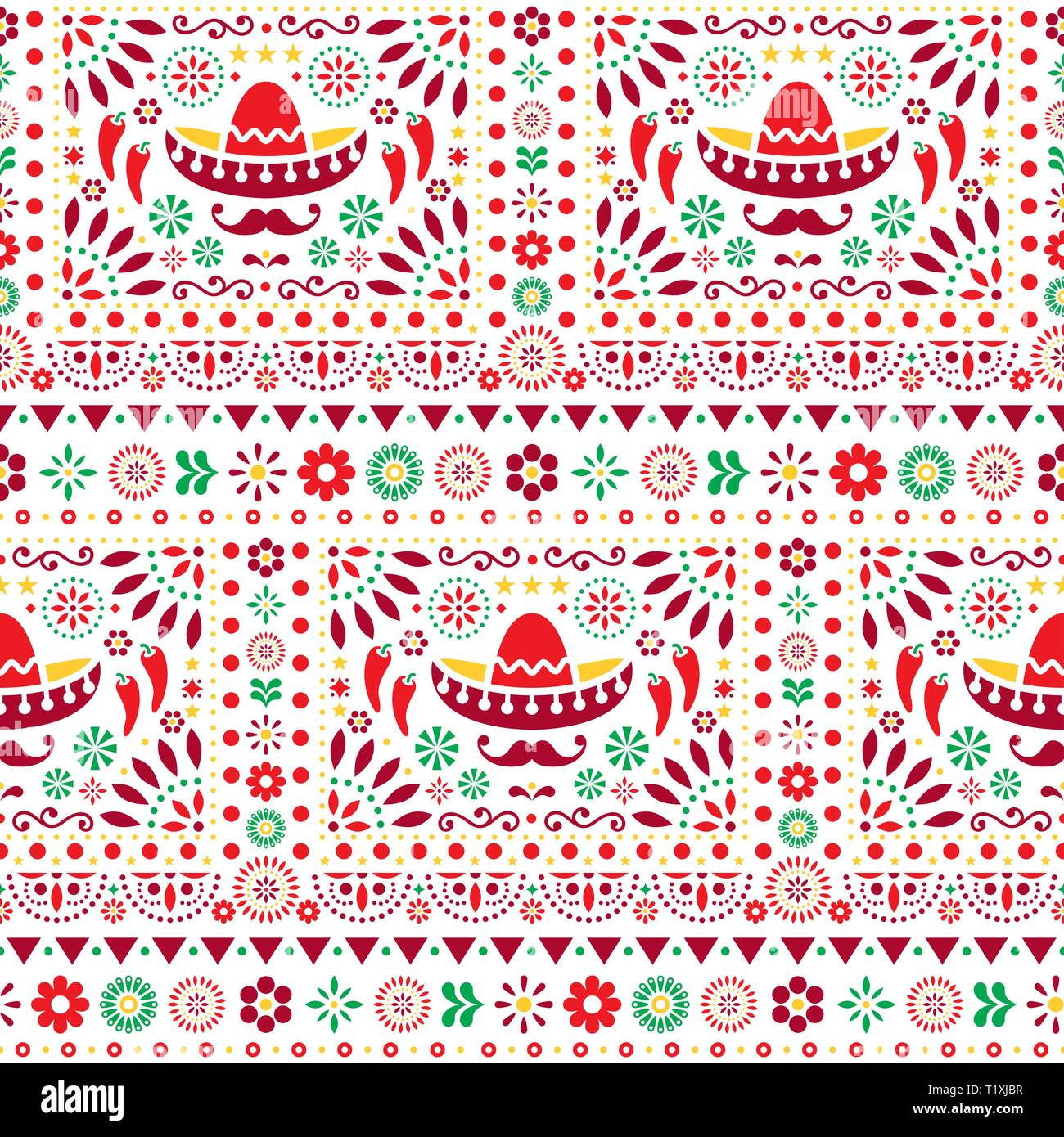 Seamless vector Mexican floral pattern with sombrero, chili peppers and flowers, happy repetitive background Stock Vector