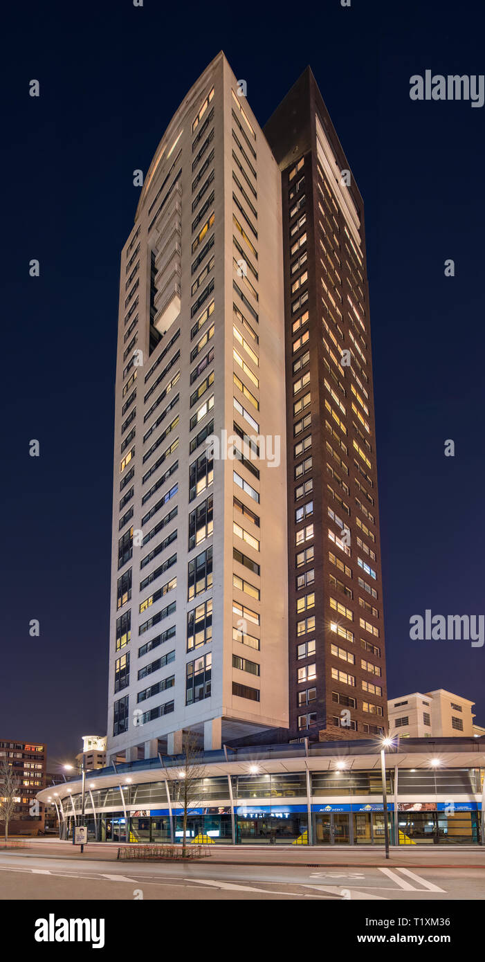 The 96-meter Regent residential tower at night, completed in 1999. It was the pioneer for high-rise buildings in the city. Stock Photo
