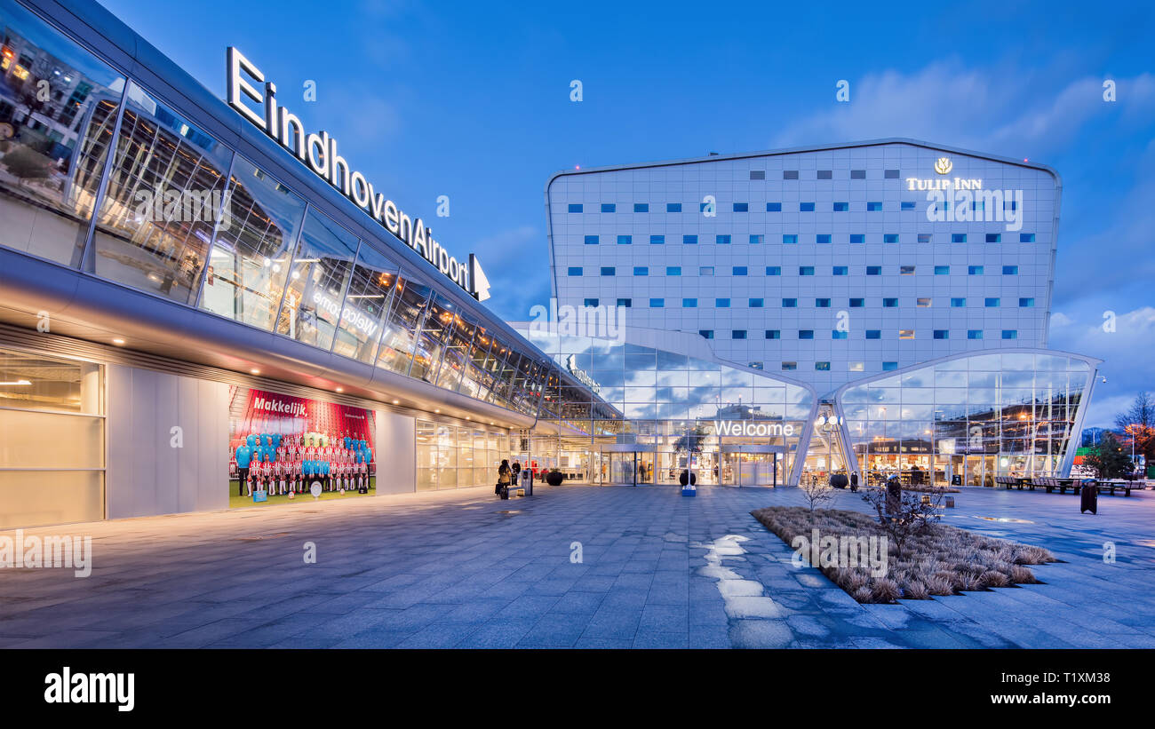 Eindhoven Airport at twilight, located close to Eindhoven. With annually 5.7 million passengers it is the second largest airport in the Netherlands. Stock Photo