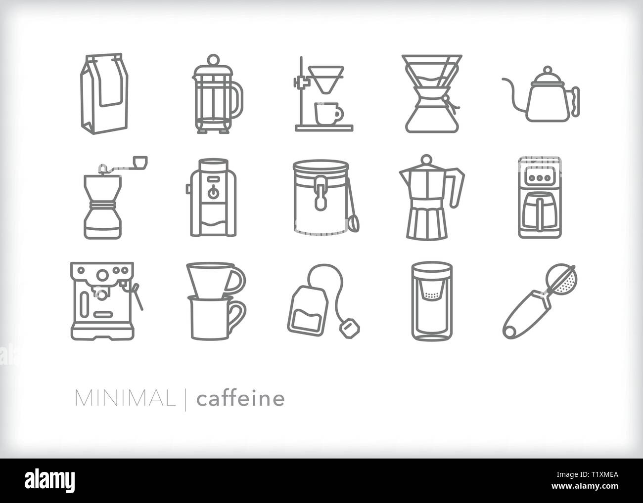 Set of 15 caffeine line icons of items for brewing and drinking coffee and tea Stock Vector
