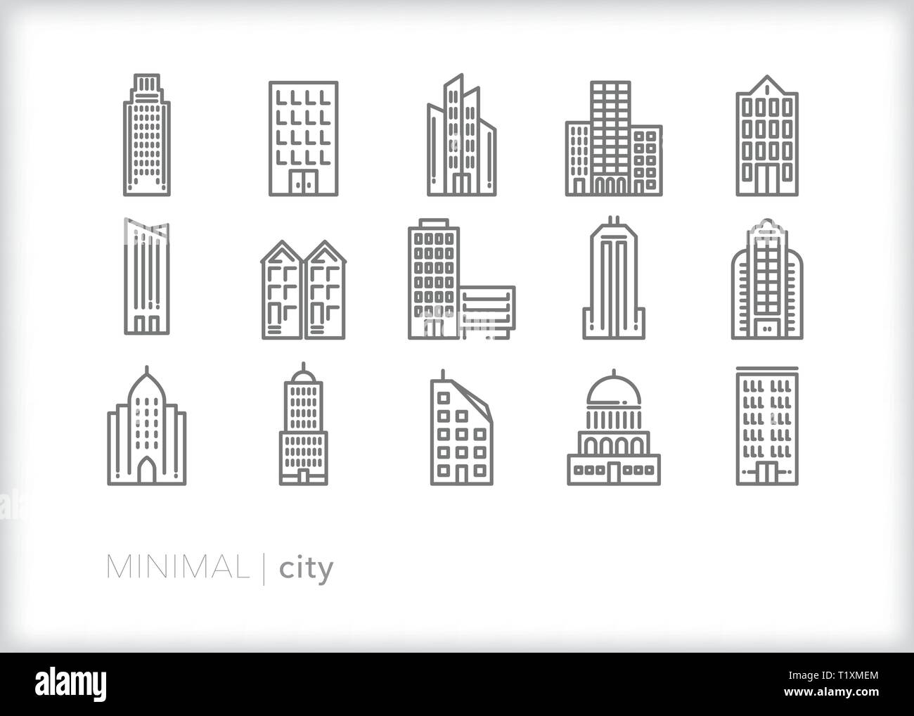 Set of 15 city building line icons of high rises, skyscrapers, row homes, infrastructure and parking garages Stock Vector