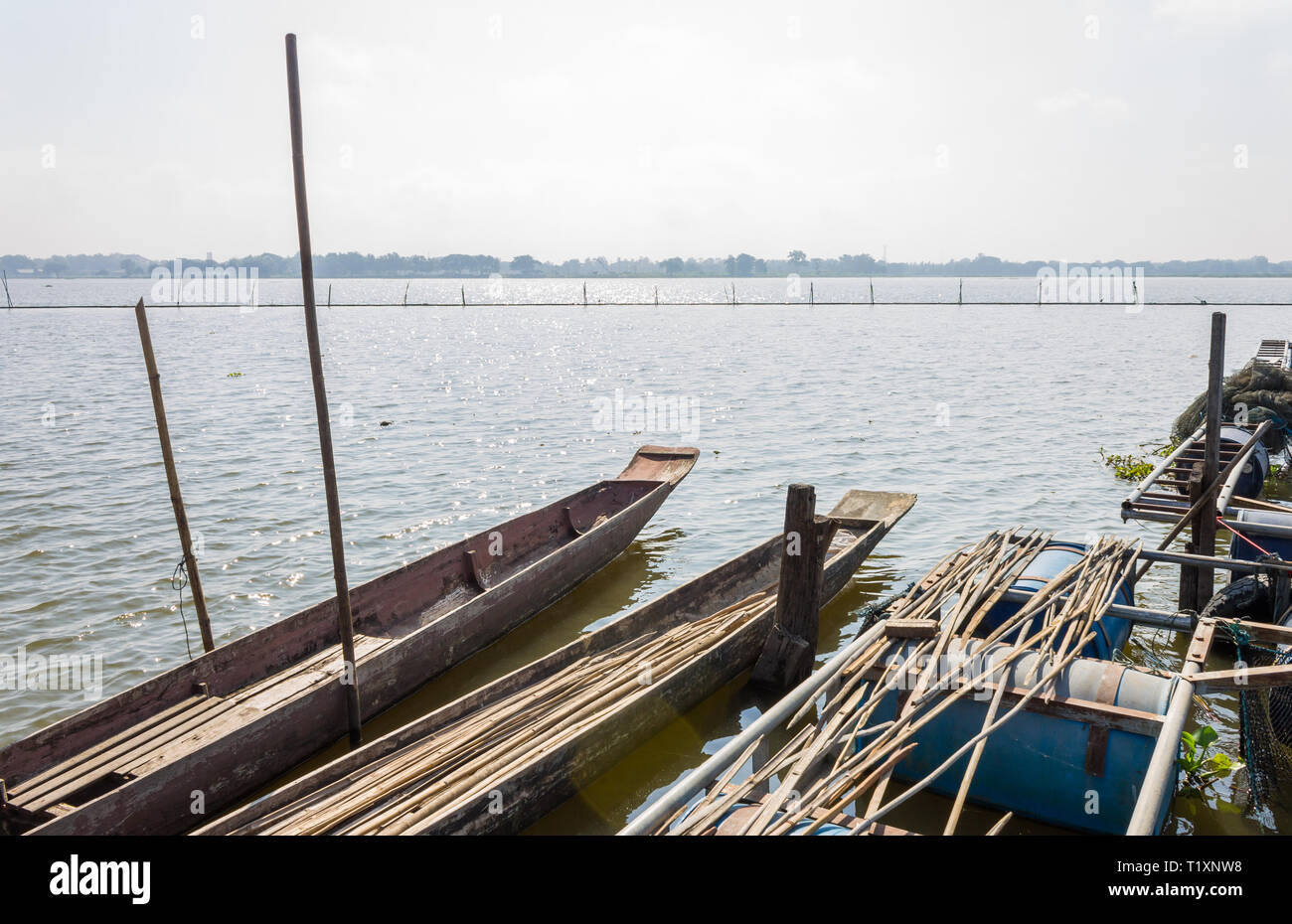 2 Wood Fishing Boat or Rowboat on Swamp with Wood Boat Pole. Wood