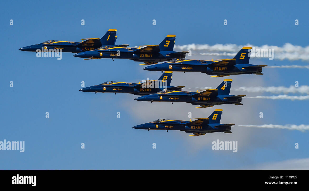 190323-N-UK306-1916 SALINAS, Calif. (March 23, 2019) The U.S. Navy Flight Demonstration Squadron, the Blue Angels, fly in the delta formation during a demonstration at the California International Airshow at the Salinas Municipal Airport. The team is scheduled to conduct 61 flight demonstrations at 32 locations across the country to showcase the pride and professionalism of the U.S. Navy and Marine Corps to the American public in 2019. (U.S. Navy photo by Mass Communication Specialist 2nd Class Timothy Schumaker/Released) Stock Photo