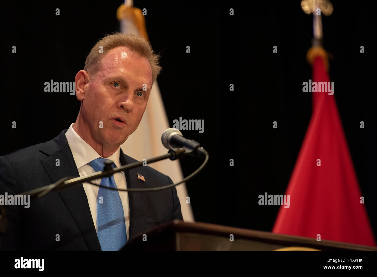 U.S. Acting Secretary of Defense Patrick M. Shanahan attends the U.S. Central Command change of command, Tampa, Florida, March 28, 2019. U.S. Army Gen. Joseph L. Votel, who retired after 39 years of military service, was succeeded as Centcom commander by U.S. Marine Corps Gen. Kenneth F. McKenzie Jr. (DoD photo by Lisa Ferdinando) Stock Photo