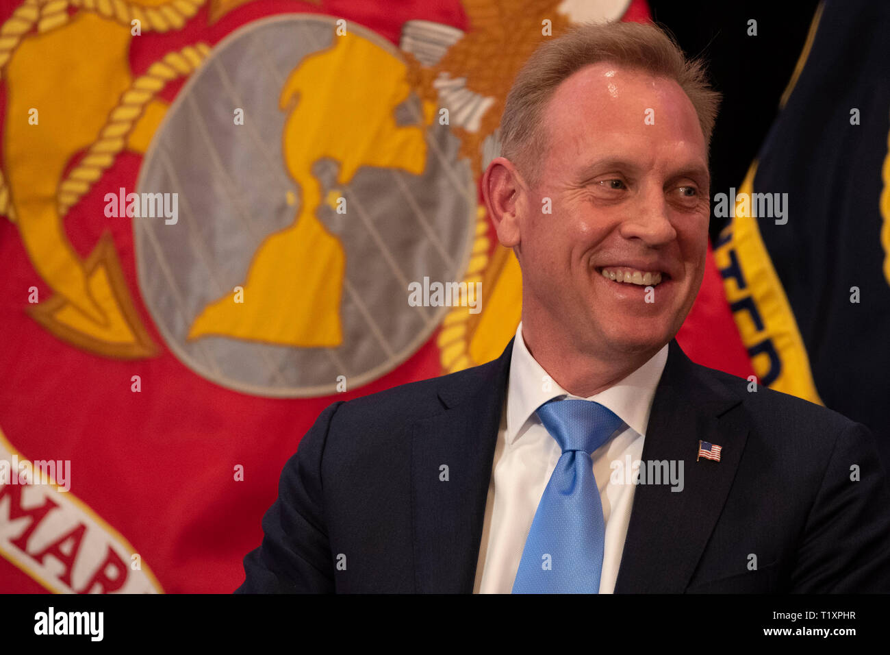 U.S. Acting Secretary of Defense Patrick M. Shanahan attends the U.S. Central Command change of command, Tampa, Florida, March 28, 2019. U.S. Army Gen. Joseph L. Votel, who retired after 39 years of military service, was succeeded as Centcom commander by U.S. Marine Corps Gen. Kenneth F. McKenzie Jr. (DoD photo by Lisa Ferdinando) Stock Photo