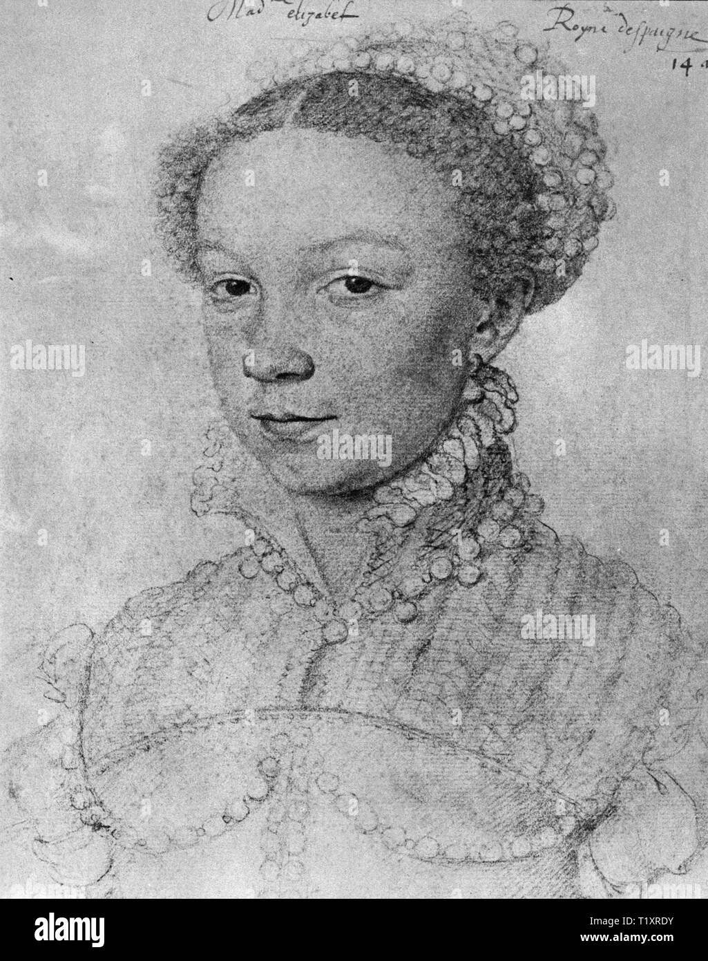 fine arts, Francois Clouet (1510 - 1572), drawing, Elisabeth of Valois, Queen consort of Spain, portrait, 1559, Musee Conde, Chantilly, Additional-Rights-Clearance-Info-Not-Available Stock Photo