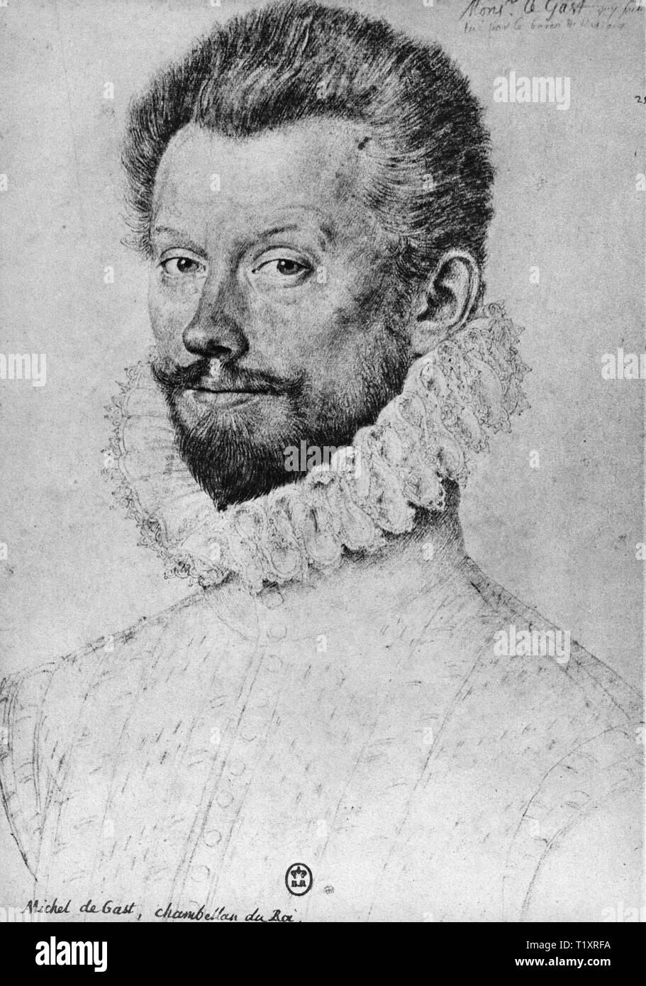fine arts, Renaissance, 'Michel de Gast, chambellan du Roi' (Michel de Gast, chamberlain of the king), portrait, probably by Jean or Francois Clouet, drawing, 16th century, Additional-Rights-Clearance-Info-Not-Available Stock Photo