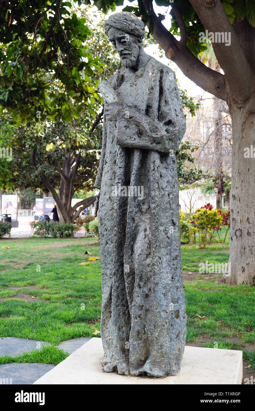 Statue of Salomón Ben (Ibn) Gabriol.Solomon ben Judah.1021-1058.Jewish Thinker  Malaga spain.11th-century Andalusian poet and Jewish philosopher Stock Photo