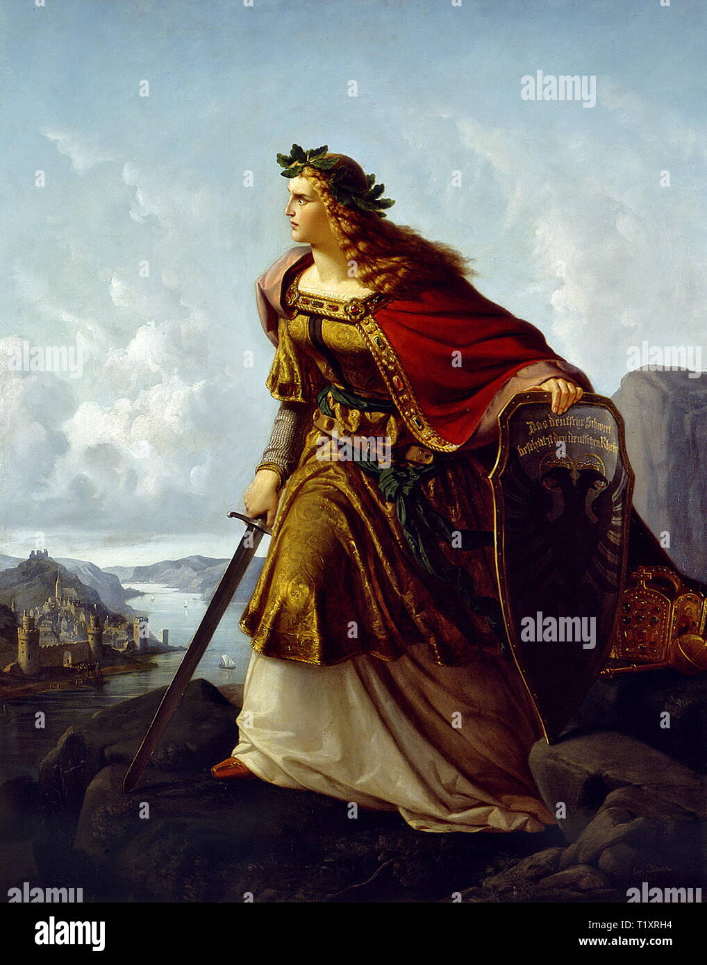 fine arts, Clasen, Lorenz (1812 - 1899), painting, 'Germania auf der Wacht am Rhein' (Germania on Guard on the Rhine), 1860, oil on canvas, 220 x 159 cm, art museum, Krefeld, Artist's Copyright has not to be cleared Stock Photo