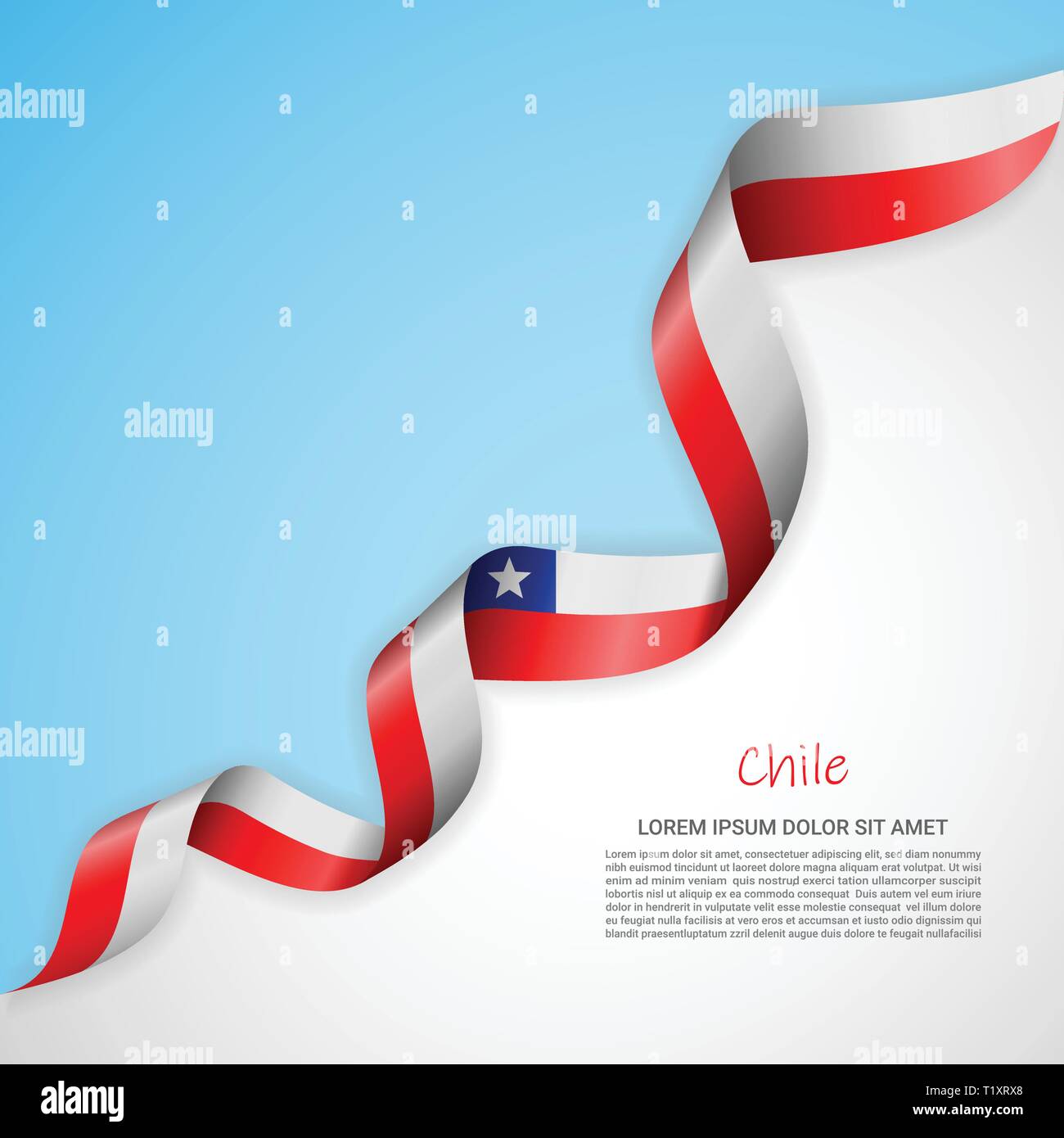Vector banner in white and blue colors and waving ribbon with flag of Chile. Template for poster design, brochures, printed materials, logos Stock Vector