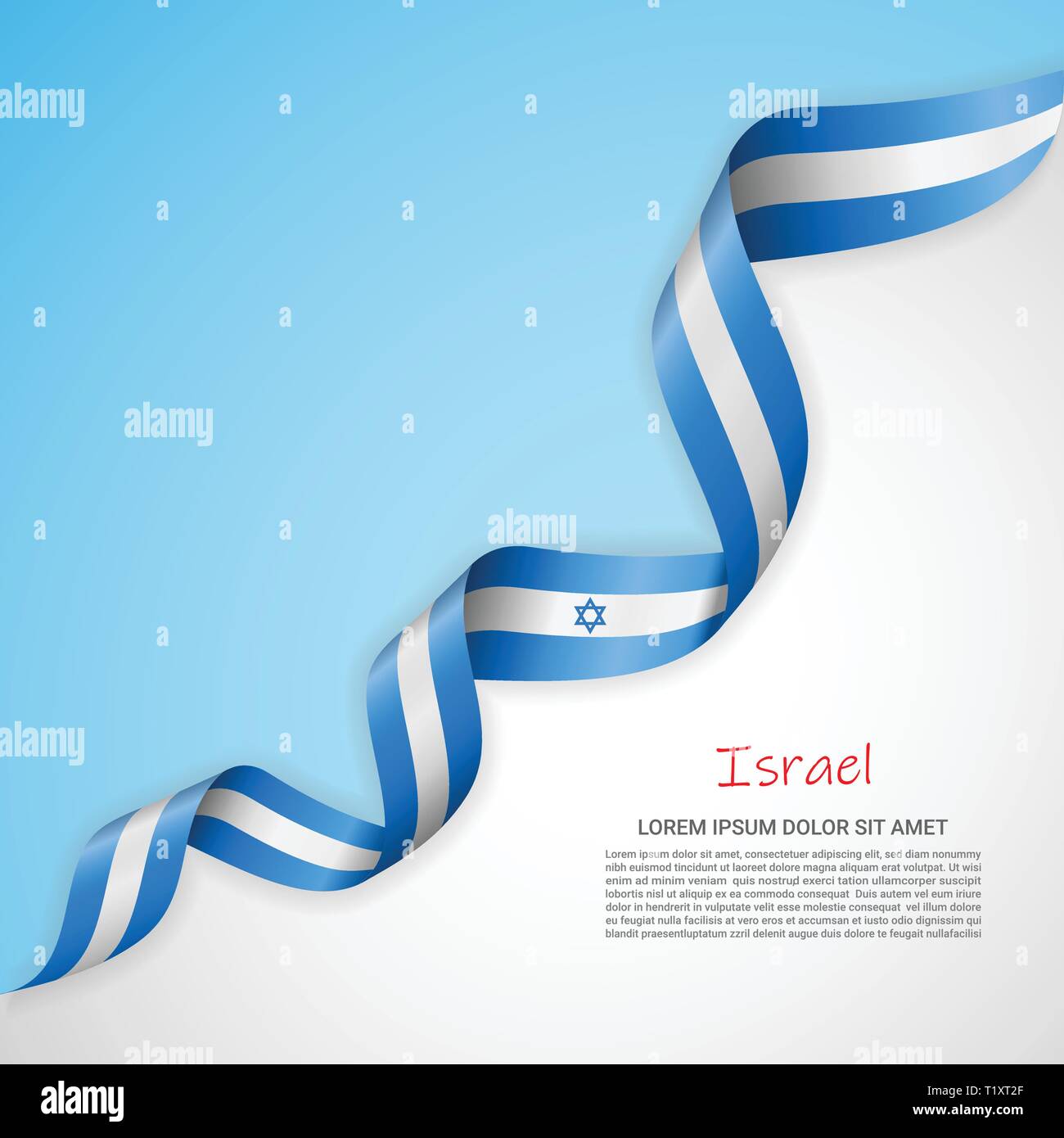 Vector banner in white and blue colors and waving ribbon with flag of Israel. Template for poster design, brochures, printed materials, logos Stock Vector