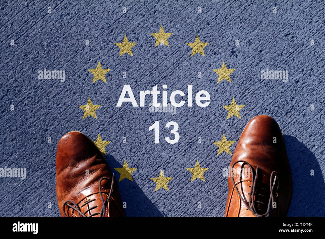 Controversial EU law: Article 13. EU flag and new copyright bill Stock Photo