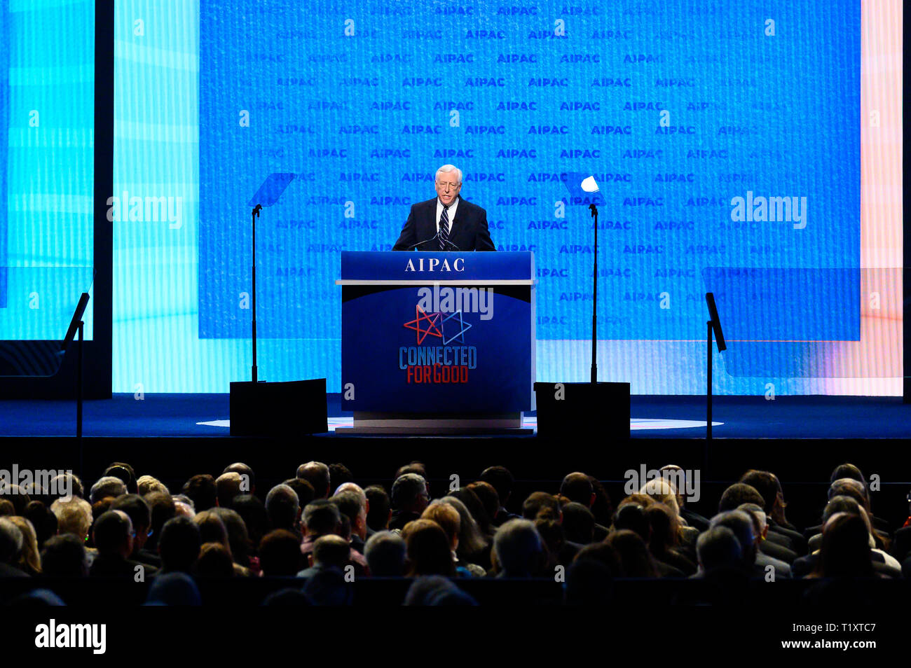 U.S. Representative Steny Hoyer (D-MD), House Majority Leader seen speaking during the American Israel Public Affairs Committee (AIPAC) Policy Conference in Washington, DC. Stock Photo