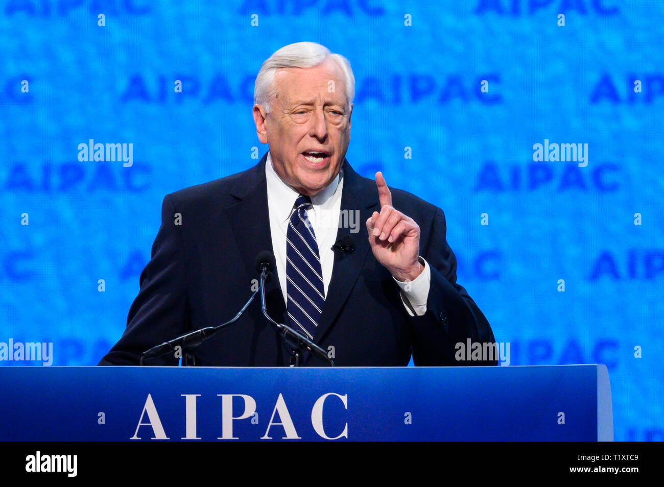 U.S. Representative Steny Hoyer (D-MD), House Majority Leader seen speaking during the American Israel Public Affairs Committee (AIPAC) Policy Conference in Washington, DC. Stock Photo