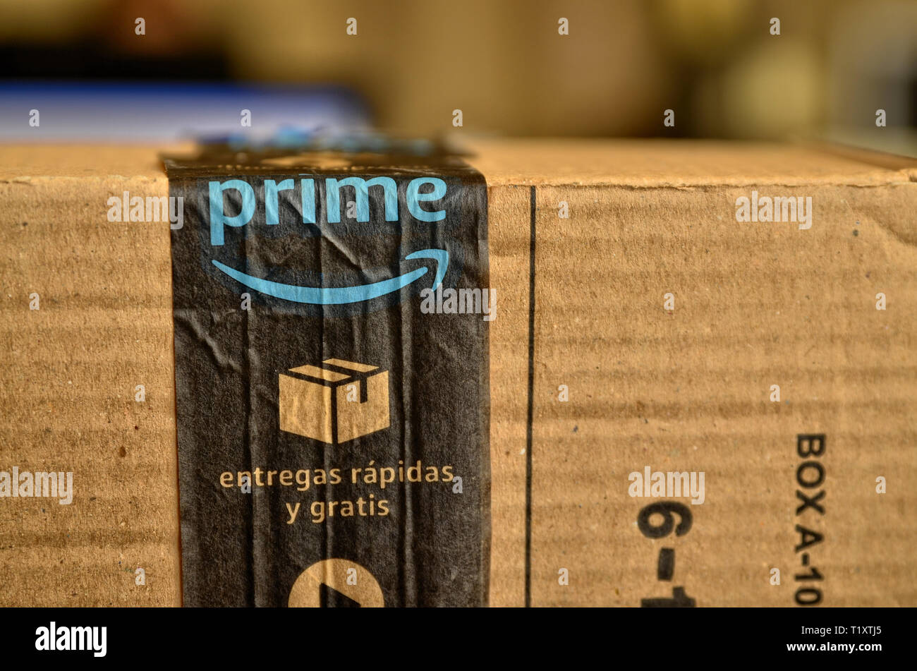 Turin Piedmont Italy March 19 An Amazon Package Was Delivered Close Up With Selective Focus On The Blue Amazon Prime Service Logo And The Arrow Stock Photo Alamy