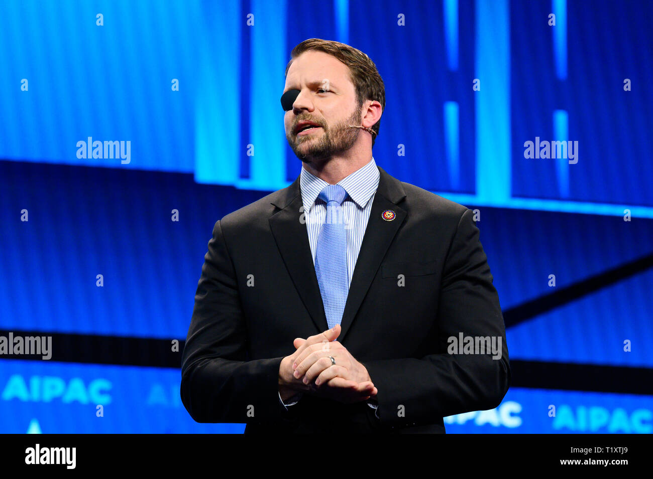 U.S. Representative Dan Crenshaw (R-TX) seen speaking during the American Israel Public Affairs Committee (AIPAC) Policy Conference in Washington, DC. Stock Photo