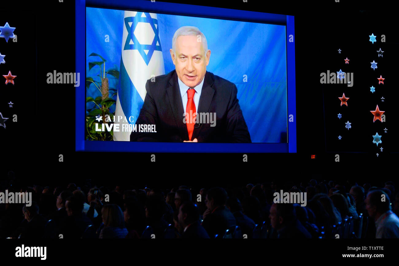 Benjamin Netanyahu, Prime Minister of Israel seen speaking via video to the American Israel Public Affairs Committee (AIPAC) during the Policy Conference in Washington, DC. Stock Photo