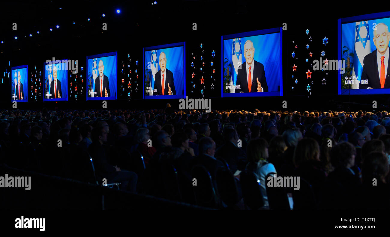 Benjamin Netanyahu, Prime Minister of Israel seen speaking via video to the American Israel Public Affairs Committee (AIPAC) during the Policy Conference in Washington, DC. Stock Photo