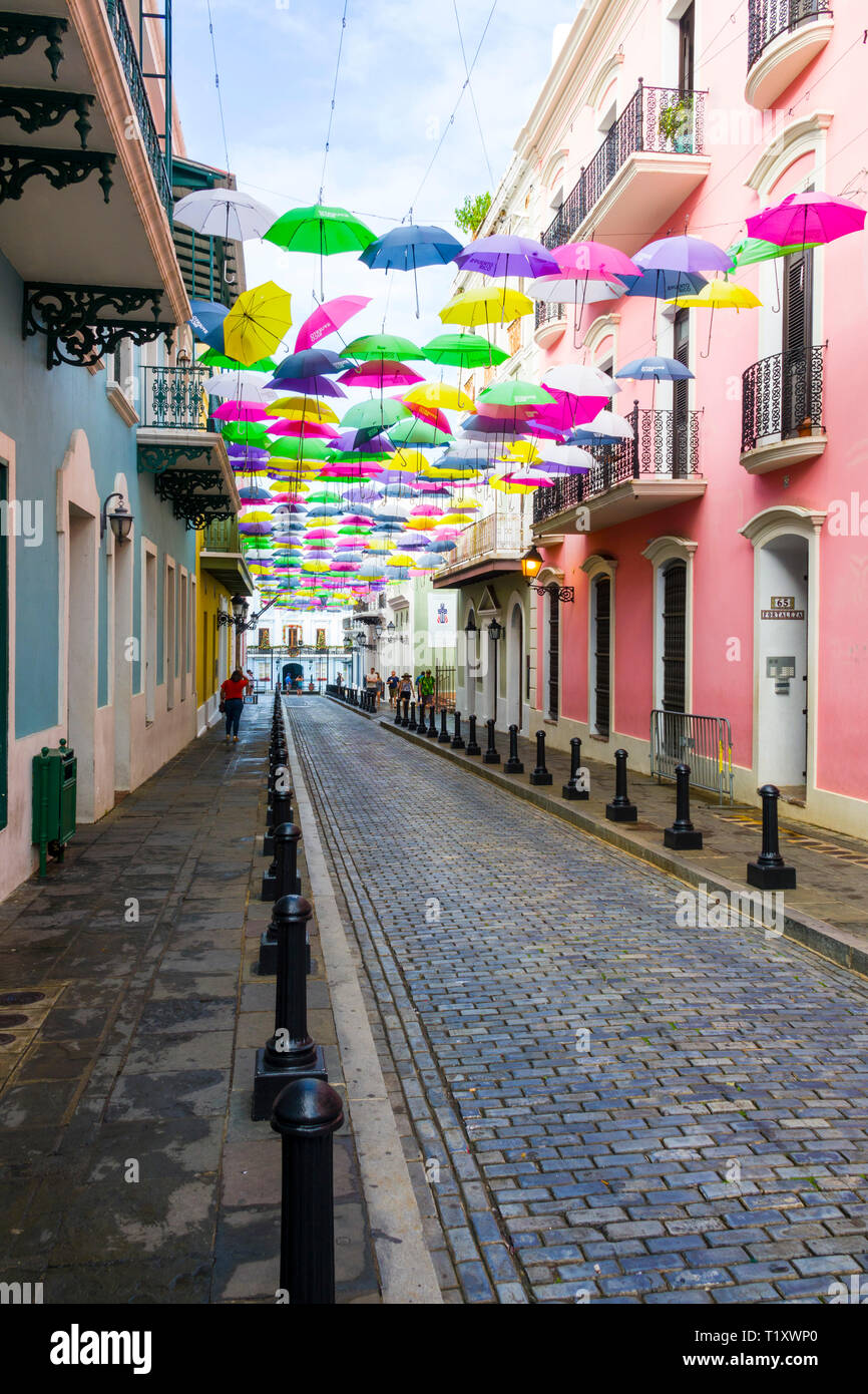 Colorful Umbrellas of downtown San Juan, Puerto Rico s capital and largest city, sits on the island's Atlantic coast. Its widest beach fronts the Isla Stock Photo