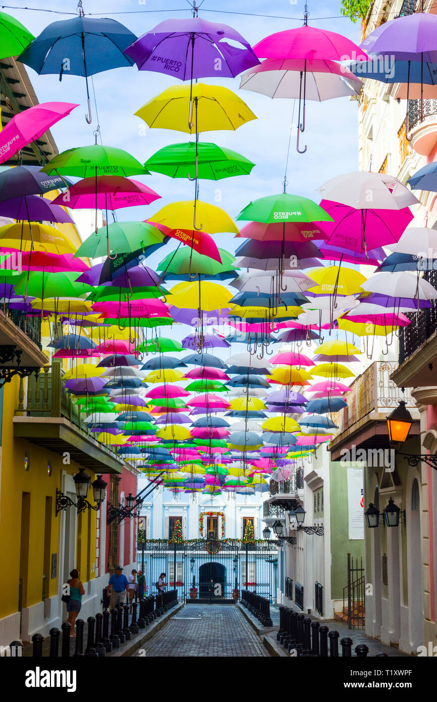 Colorful Umbrellas of downtown San Juan, Puerto Rico s capital and largest city, sits on the island's Atlantic coast. Its widest beach fronts the Isla Stock Photo