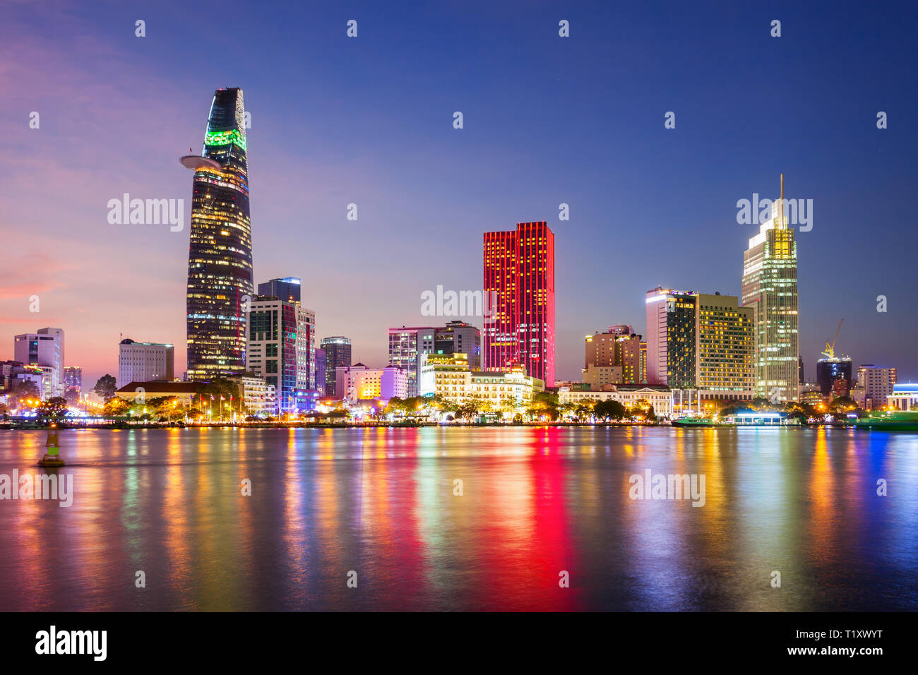 Ho Chi Minh city skyline aerial panoramic view at night. Ho Chi Minh is
