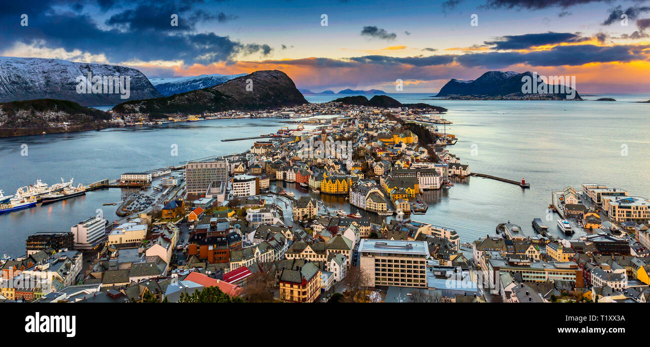 Overview of the Art Nouveau city of Alesund in Norway. Stock Photo